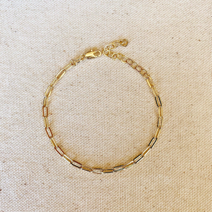 18k Gold Filled Short Link Paperclip Bracelet: 7 inches with extender