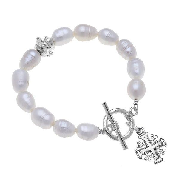 Silver Multi Cross on Genuine Freshwater Pearl Bracelet