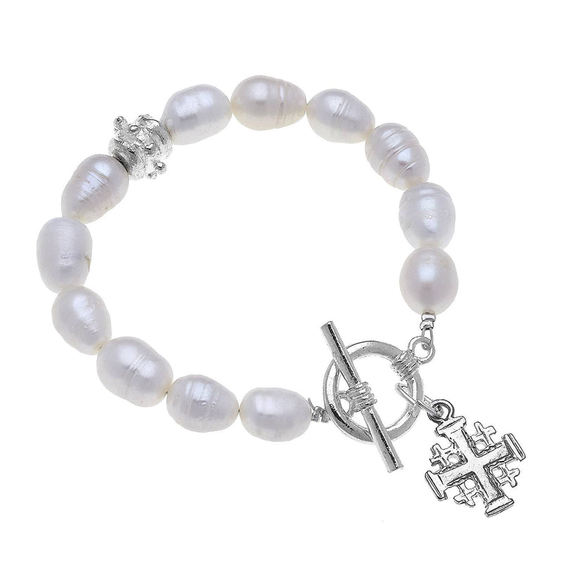 Silver Multi Cross on Genuine Freshwater Pearl Bracelet