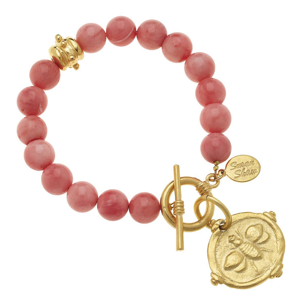 Gold Bee Intaglio on Pink Coral Bracelet