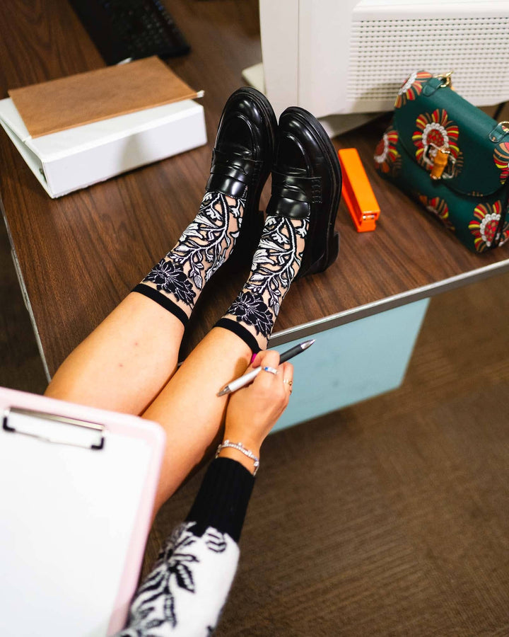 Black and White Florals Sheer Crew by Sock Candy