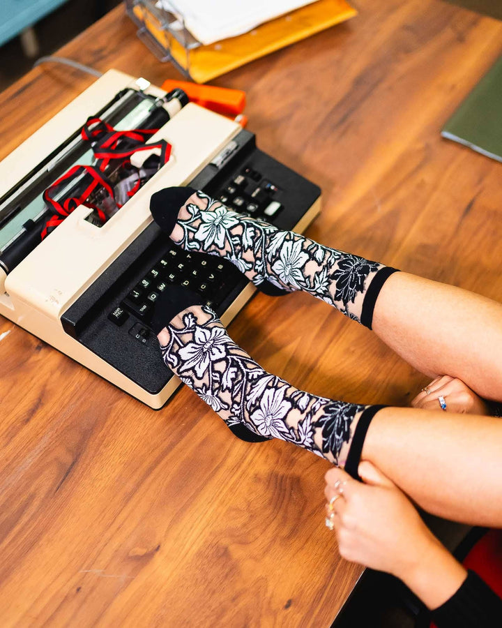 Black and White Florals Sheer Crew by Sock Candy