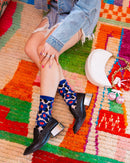 Bold Blue Floral Sheer Crew Sock: Size I: Fits US W5.5-10