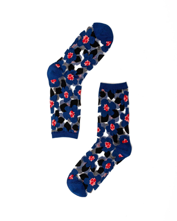 Bold Blue Floral Sheer Crew Sock: Size I: Fits US W5.5-10