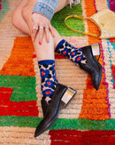 Bold Blue Floral Sheer Crew Sock: Size I: Fits US W5.5-10