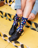 Bold Blue Floral Sheer Crew Sock: Size I: Fits US W5.5-10