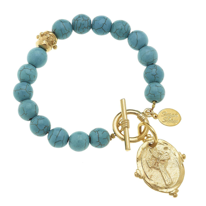Genuine Turquoise with Italian Intaglio Cross Bracelet