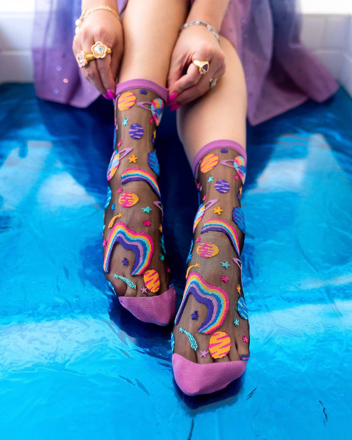 Pop Art Planets Black Sheer Crew by Sock Candy