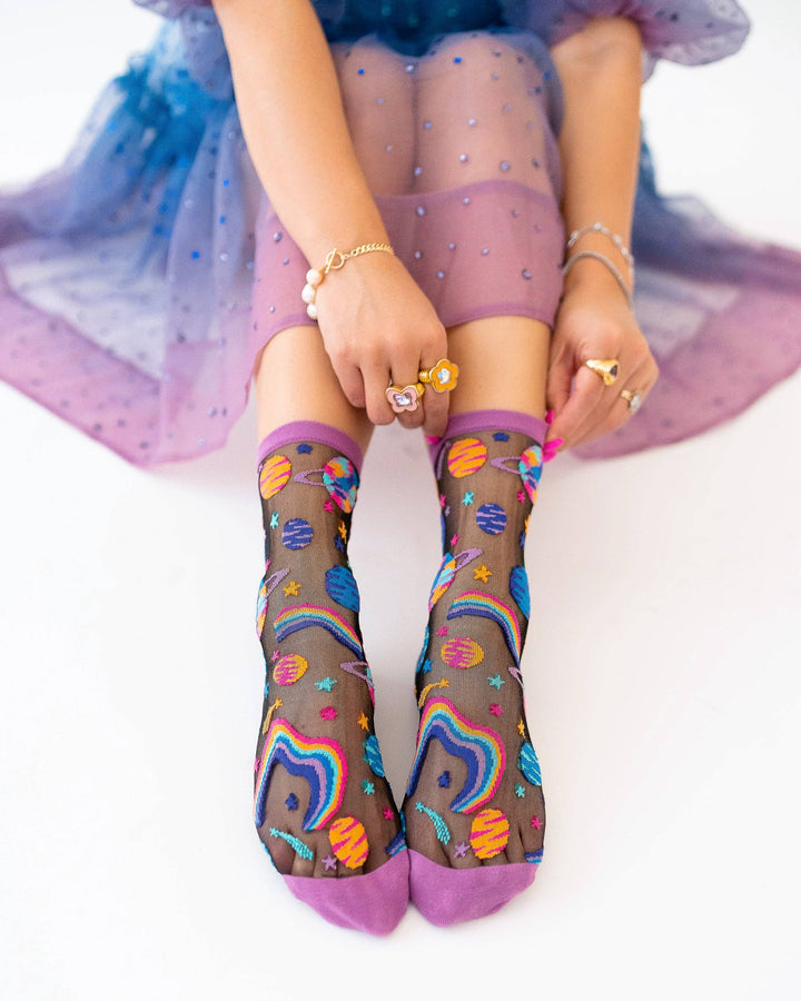 Pop Art Planets Black Sheer Crew by Sock Candy