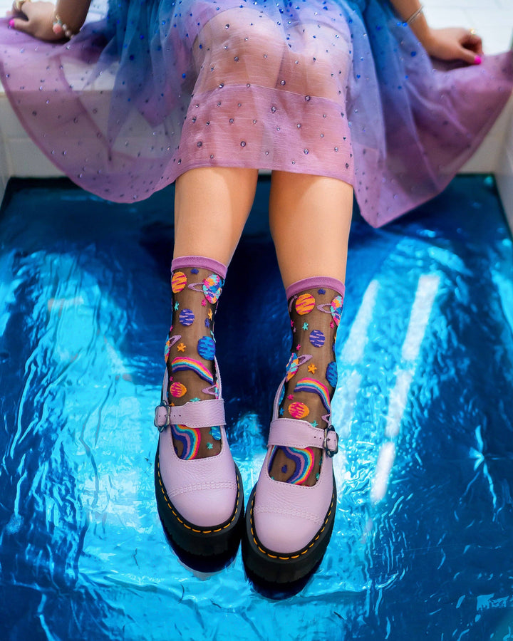 Pop Art Planets Black Sheer Crew by Sock Candy